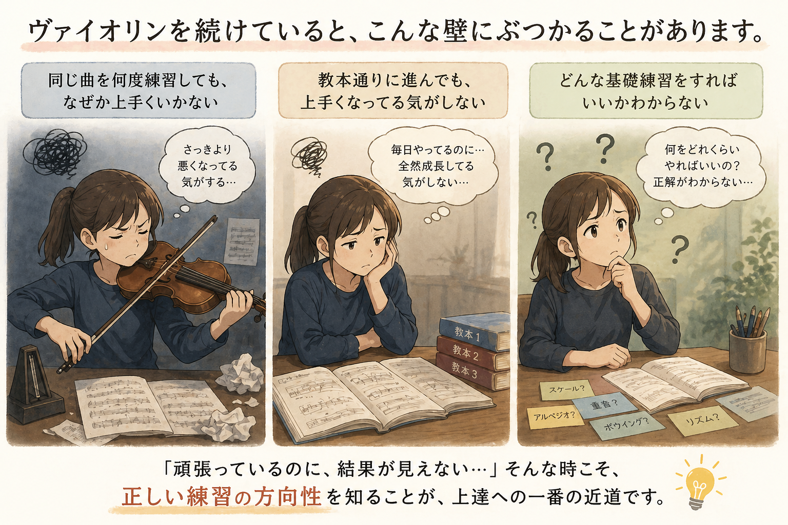 ヴァイオリン練習の悩みイラスト